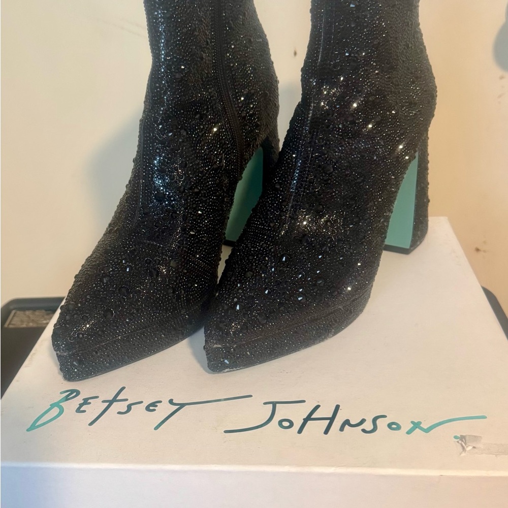 Betsey Johnson Black Glitter Heeled Boots